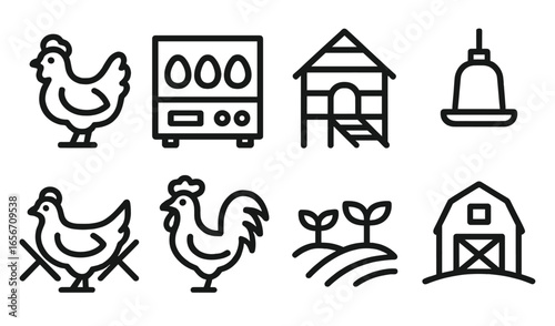 Line art illustrations showcasing farm life with chickens, eggs, and agricultural elements