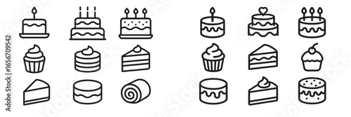Variety of cakes and desserts illustrated in simple line art, ideal for celebrations and occasions
