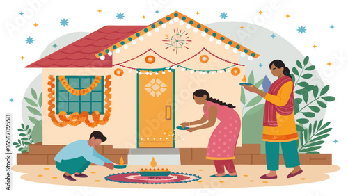 Indian Festival Celebration Depicting People and Decorated House