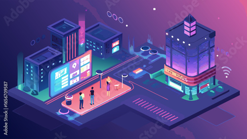 Isometric Cityscape Depicting Futuristic Buildings and Pedestrians