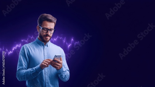 A man in glasses checks his smartphone, with a digital graph in the background, suggesting themes of finance or technology.