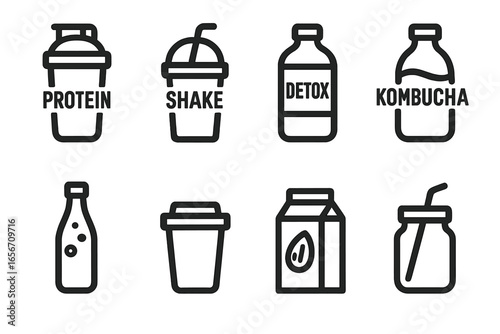 Variety of nutritious drinks displayed in minimalist style including protein shake, detox beverage, and kombucha