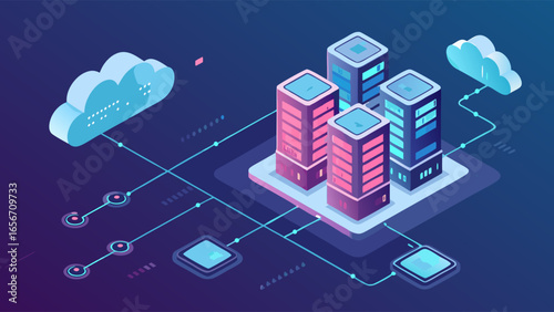 Isometric Illustration of Cloud Computing and Data Centers
