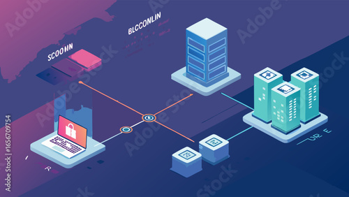 Isometric Illustration of Data Network and Secure Information Transfer