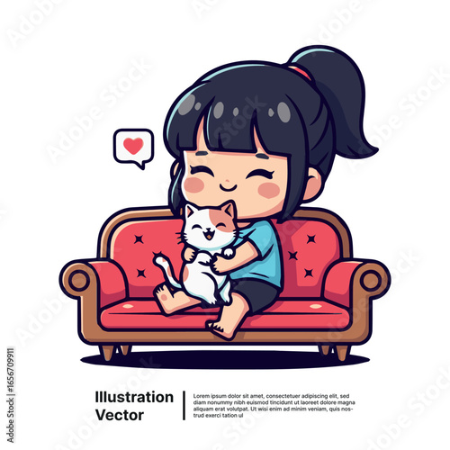 Happy girl cuddling a cute cat on a comfortable red sofa, expressing love and affection.