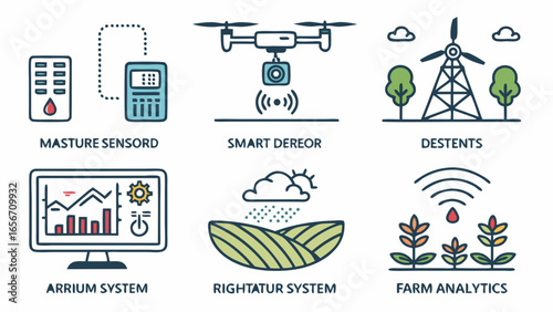 Modern Agricultural Technology Icons Depicting Farming and Data Analysis