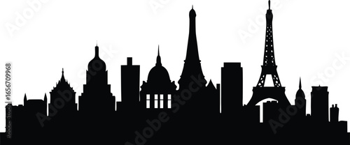 Iconic Paris skyline silhouette featuring famous landmarks against a clean white background, perfect for graphic design