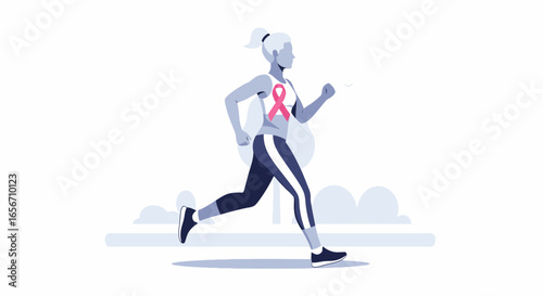 Dynamic Woman Running with Pink Ribbon for Breast Cancer Awareness: Empowerment, Health, and Fitness Illustrated in a Powerful Vector Graphic for Inspirational Campaigns and Wellness Initiatives