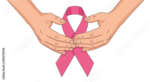 Empowering Pink Ribbon Symbolizing Breast Cancer Awareness: Hands Embracing a Symbol of Hope, Support, and Solidarity in Health Campaigns and Charitable Events for Women's Health Initiatives