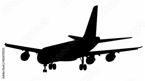 Silhouette depiction of a passenger airplane with visible landing gear and tail fin in the air