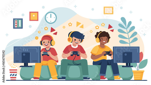 Three Friends Enjoying Video Games Together with Joyful Expressions