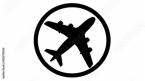 Airplane silhouette inside oval frame with four engines in black and white illustration style image