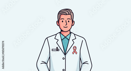 Friendly Male Doctor in a White Lab Coat with a Pink Ribbon: A Compassionate Representation of Healthcare Professionals Committed to Patient Care and Awareness Initiatives
