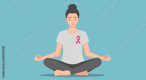 Empowering Woman Meditating with Pink Ribbon Symbolizing Breast Cancer Awareness in a Calm, Serene Setting – Perfect for Wellness, Health Campaigns, and Mindfulness Promotion