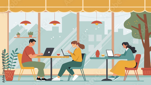 Three People Working on Laptops in a Cafe Setting