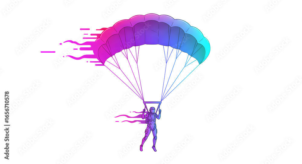 Obraz premium A vibrant, futuristic illustration of a skydiver with a colorful parachute, depicting speed and motion with a digital glitch effect