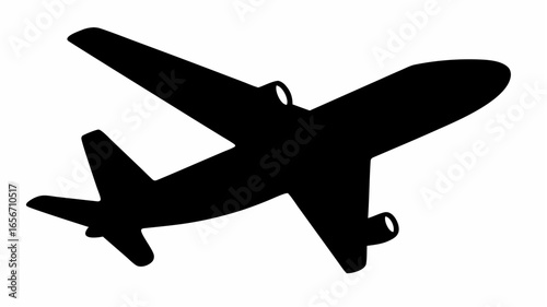 Silhouette of a passenger airplane with wings and tail flying in the sky on a white background view from below
