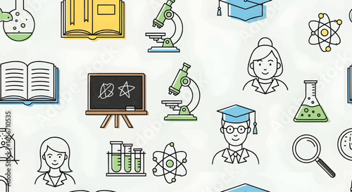 Education and learning icon set with blackboard, microscope, books, teacher, graduate student, and academic science elements in colorful vector style.