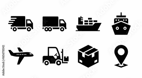 Transport and logistics icon set with truck, cargo ship, forklift, and delivery box in solid black vector illustration.