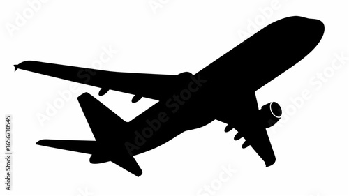 Silhouette depiction of a passenger airplane ascending with visible wings and tail in black and white design