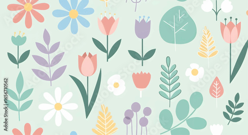Wallpaper Mural Seamless floral pattern with tulips and spring flowers in soft pastel colors for textile, wallpaper, and decorative vector design. Torontodigital.ca