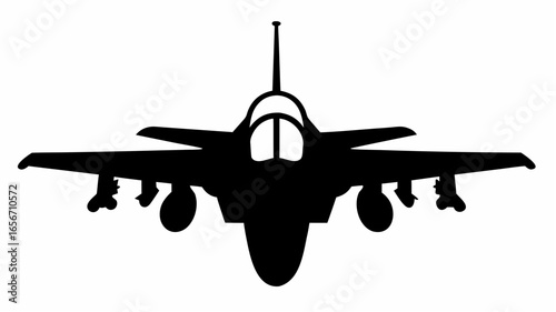 Silhouette of a fighter jet with missiles attached to the wings viewed from the front side angle view