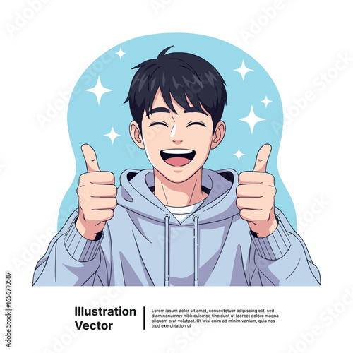 Happy young man giving thumbs up with a wide smile, celebrating success and positivity.