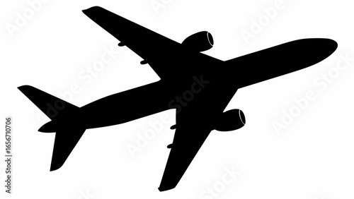 Silhouette of a passenger airplane flying diagonally with two engines visible on the wings clearly shown