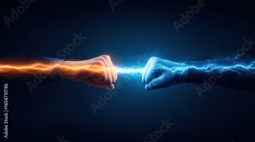 Two hands, one emitting orange energy and the other blue, connect with electric sparks in a dramatic, dark background.