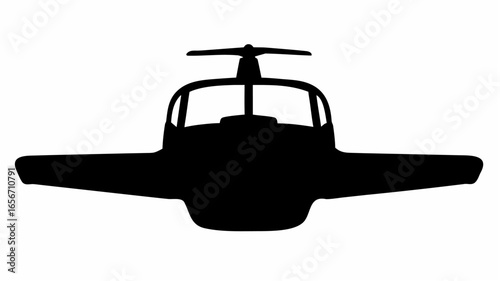 Aviation silhouette depicting a small aircraft with wings and a propeller on top in black and white style