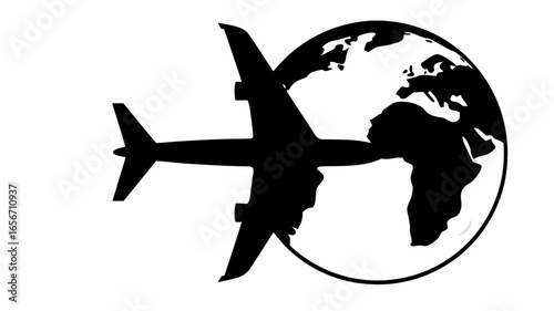 Silhouette of airplane flying over a world globe representing global travel and international destinations