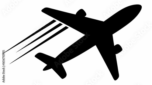 Aviation icon depicting a black airplane in flight with motion lines indicating speed and movement in the sky