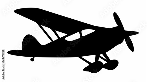 Silhouette of a vintage biplane with propeller and landing gear on a white background design art