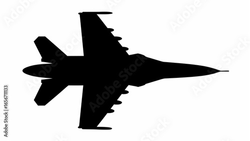 Silhouette depiction of a military fighter jet with visible wings and tail fin on a white background