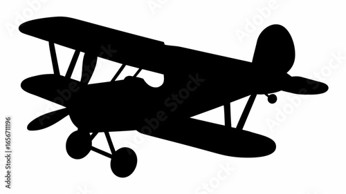 Silhouette of a biplane with two wings and visible landing gear against a white background clearly defined 100