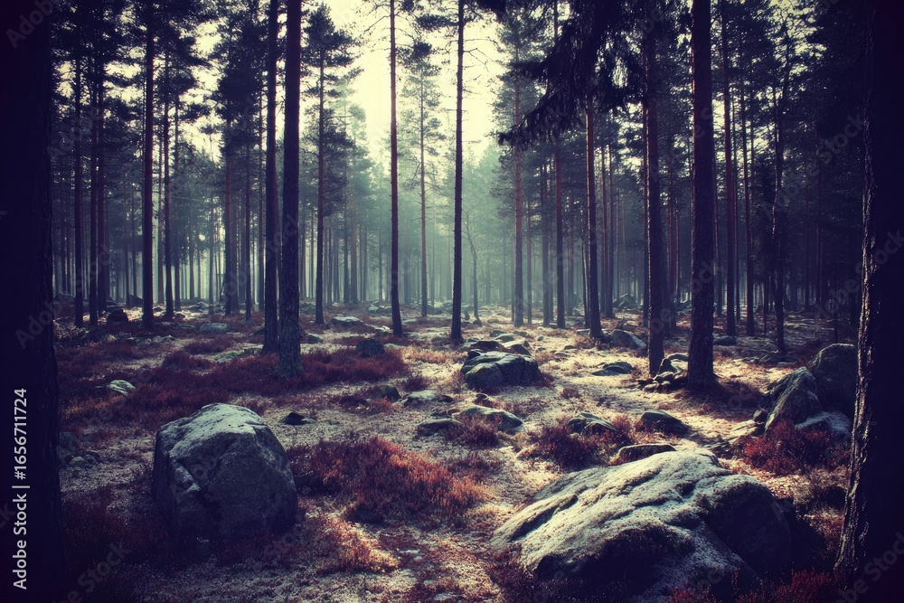 Obraz premium Misty forest path, sunbeams pierce the trees