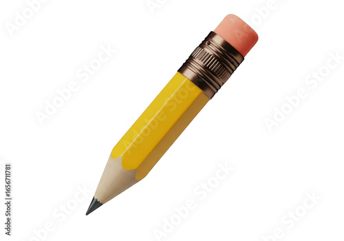 A small yellow pencil with a pink eraser is isolated on transparent background and ready to write, draw, or sketch ideas