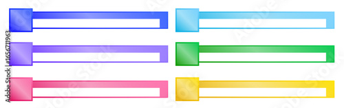 Set of six gradient lower third bars with sharp corners and square shapes. Each design includes a clean white stripe plus blue, green, purple, yellow, and pink color options.