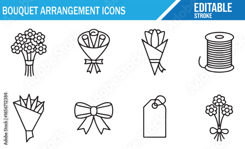 Minimalist icons of bouquet arrangements and gift packaging, featuring flowers and ribbons.