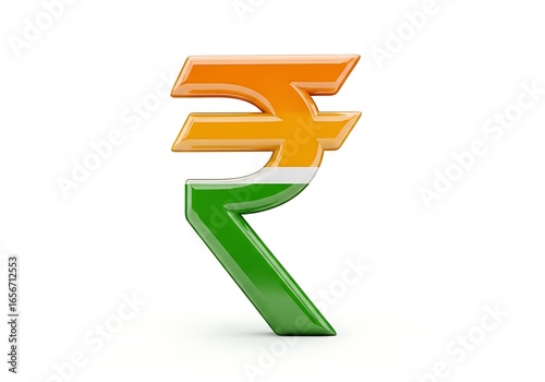 Indian Rupee symbol with the colors of the Indian flag on a white background.