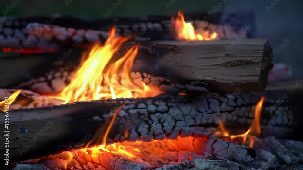 Vibrant campfire flames illuminate burning wood logs and glowing embers, creating warmth and light in the tranquil night outdoors. Vibrant campfire flames illuminate burning wood logs and glowing embers, creating warmth and light in the tranquil night outdoors.