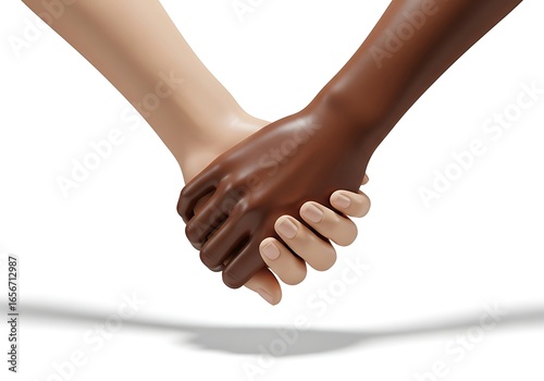 Two people of different races holding hands together.