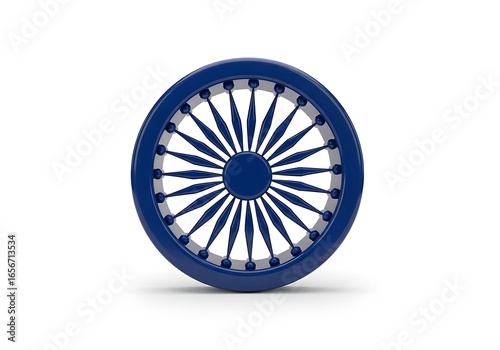 Close-up view of a dark blue Ashoka Chakra, a significant symbol in Indian culture.