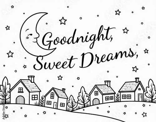 Whimsical Goodnight Sweet Dreams Coloring Page with Moon and Houses