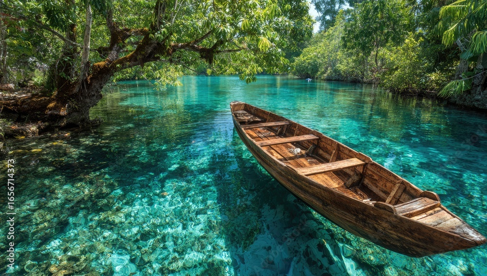Fototapeta premium Tranquil lagoon with wooden boat