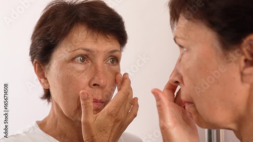 Close-up of mature woman with visible signs of aging, gently touching the skin under her eye while looking into the mirror. Wrinkles and puffiness under the eyes, slow and thoughtful motion