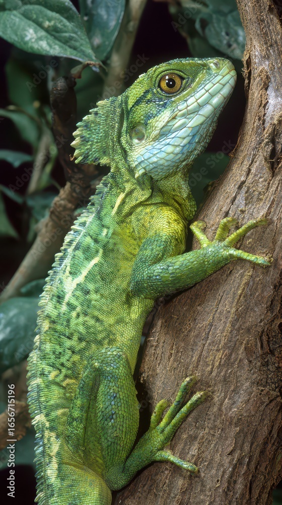 Obraz premium Lizard climbing a tree in a lush environment