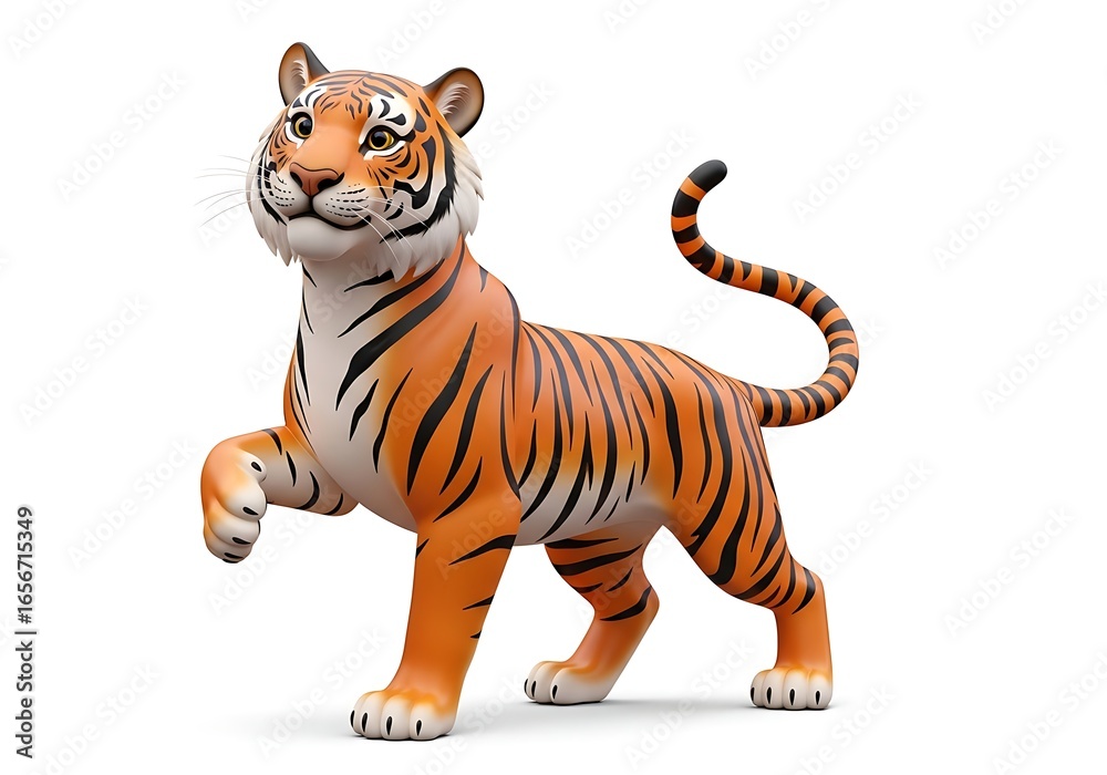 Fototapeta premium Cartoon tiger standing on a white background, a friendly and playful animal.