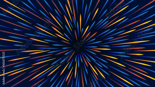 A colorful background with a radial pattern of blue, orange, and yellow lines spreading from a dark center, creating a dynamic abstract light explosion or fireworks effect.