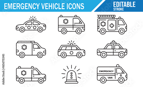 Emergency services icons set including ambulances, police cars, and emergency vehicles in vector format.
